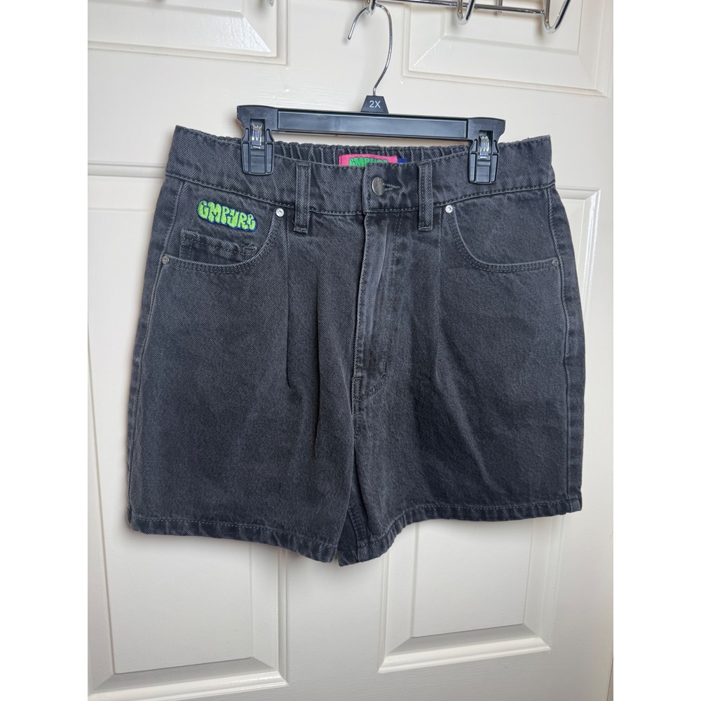 Empyre Tori Black Denim Shorts High Waisted Pleated Embroidered Logo
